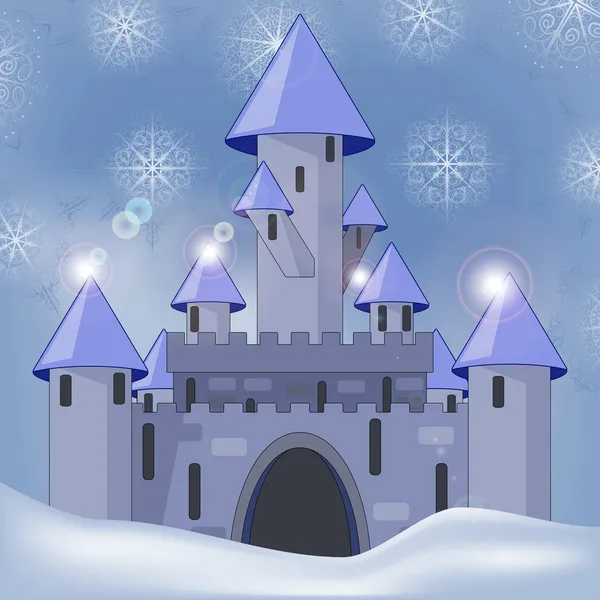 Vector cartoon castle in witer at night — Stock Vector