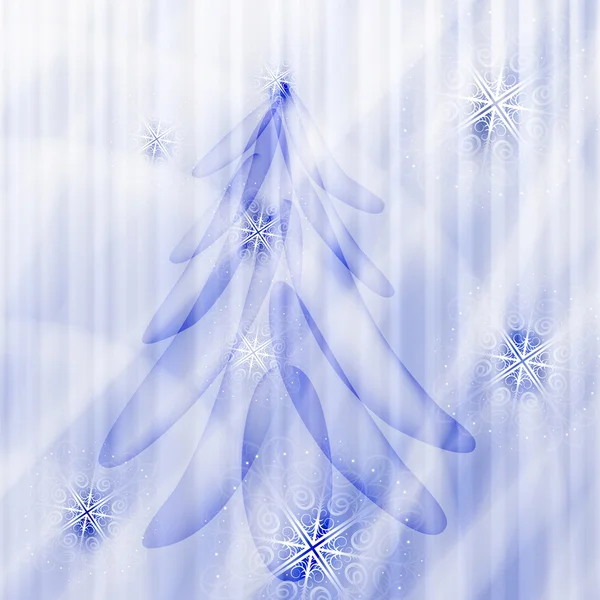 Abete vettoriale su sfondo invernale con fiocchi di neve e stelle — Vettoriale Stock