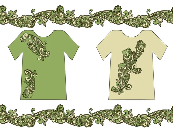 Vector sem emenda bordas paisley e t-shirts design em verde — Vetor de Stock
