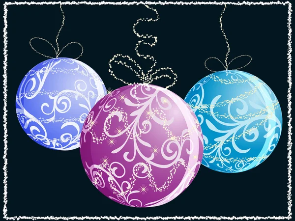 Carte de Noël vectorielle avec trois boules brillantes, flocons de neige et sta — Image vectorielle