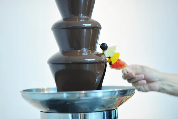 Fonte de chocolate líquido e frutas frescas no pau — Fotografia de Stock