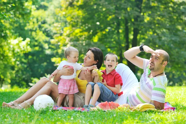 Lyckliga unga par med sina barn ha roligt på park — Stockfoto