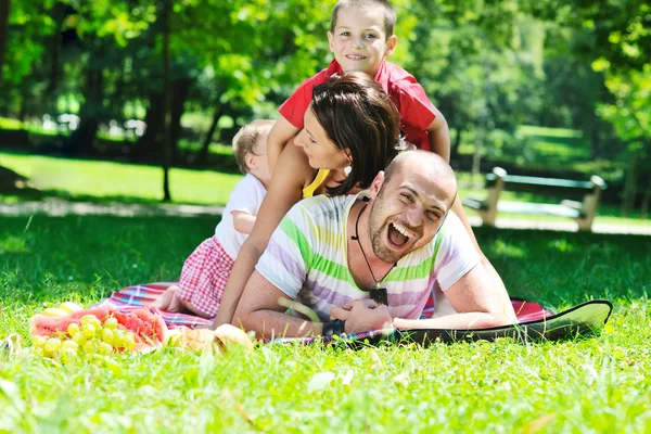 Gelukkige jonge paar met hun kinderen veel plezier hebben in park — Stockfoto