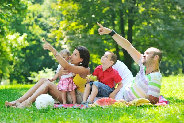 Glückliches junges Paar mit ihren Kindern hat Spaß im Park — Stockfoto