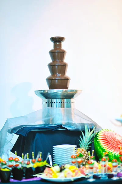 Liquid chocolate fountain and fresh fruits on stick — Stock Photo, Image