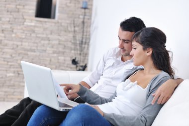 Joyful couple relax and work on laptop computer at modern home clipart