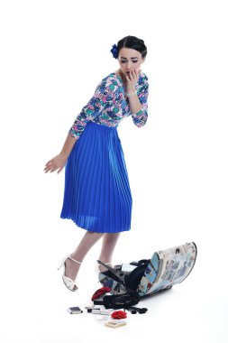 retro kadınla Pinup: izole seyahat çantası