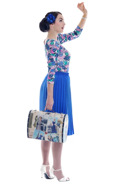 Plakát retro žena s cestovní taškou izolovaných — Stock fotografie