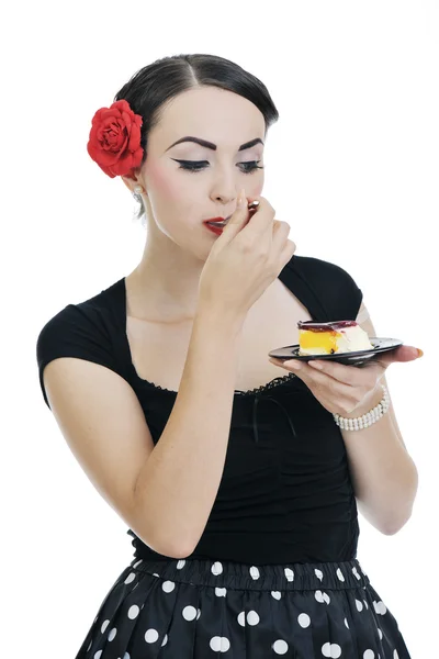 Bella giovane donna mangiare dolce torta — Foto Stock