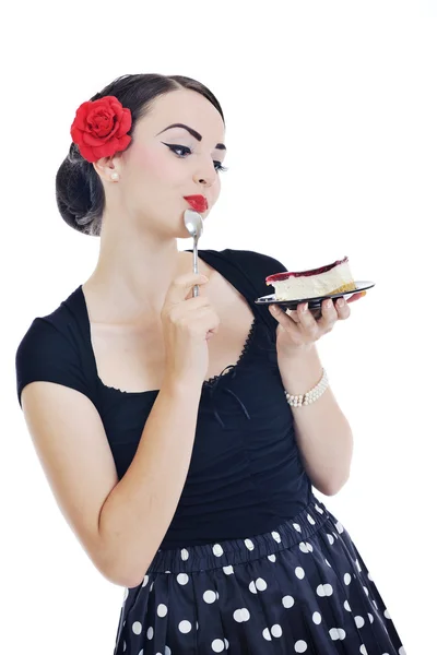 Güzel bir genç kadın tatlı pasta yemek — Stok fotoğraf