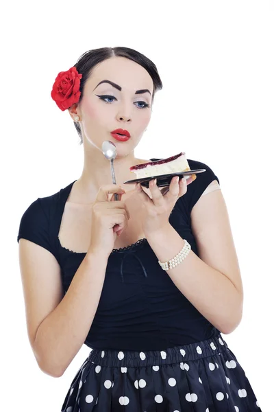 Όμορφη νεαρή γυναίκα να φάω γλυκό κέικ — Φωτογραφία Αρχείου