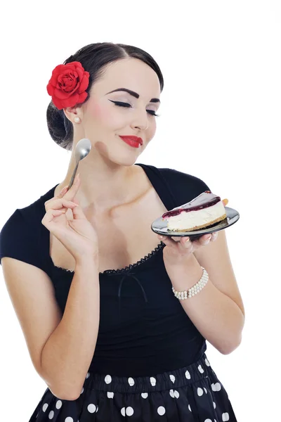 Bela jovem mulher comer doce bolo — Fotografia de Stock