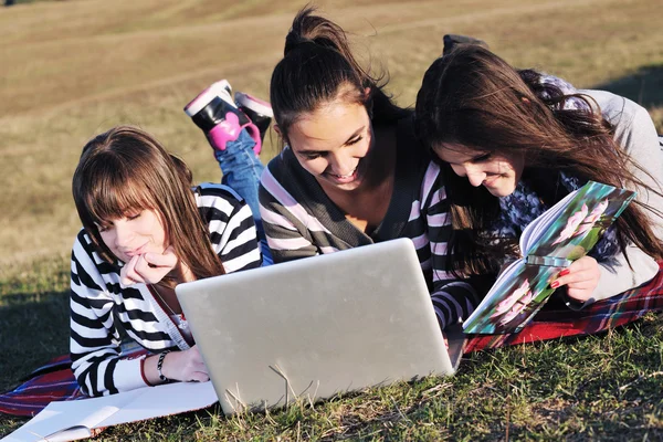 Groep van tieners werken op laptop outdoor — Stockfoto