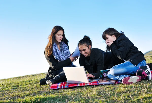 Groep van tieners werken op laptop outdoor — Stockfoto