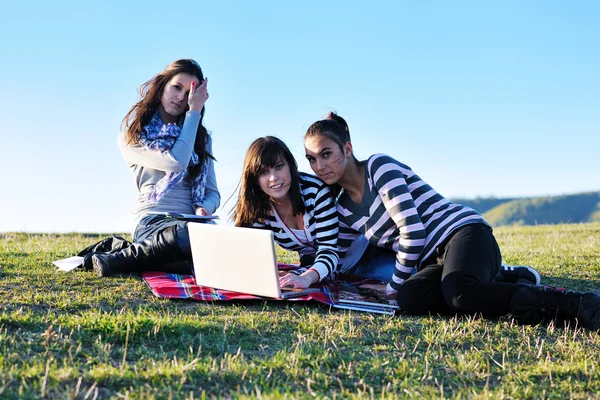 Gruppe von Jugendlichen arbeitet an Laptop im Freien — Stockfoto