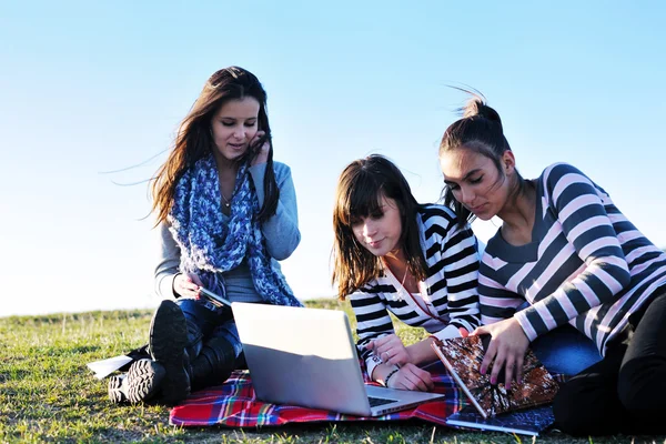 Grupp tonåringar som arbetar på bärbar dator utomhus — Stockfoto