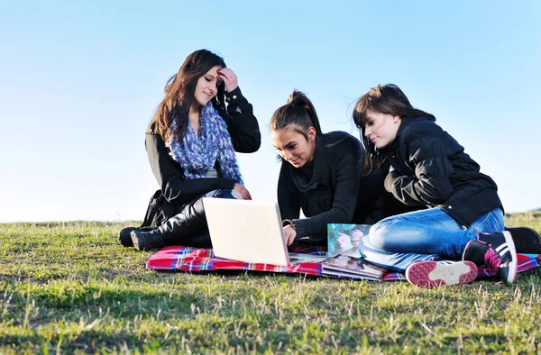 Grupp tonåringar ha kul utomhus — Stockfoto