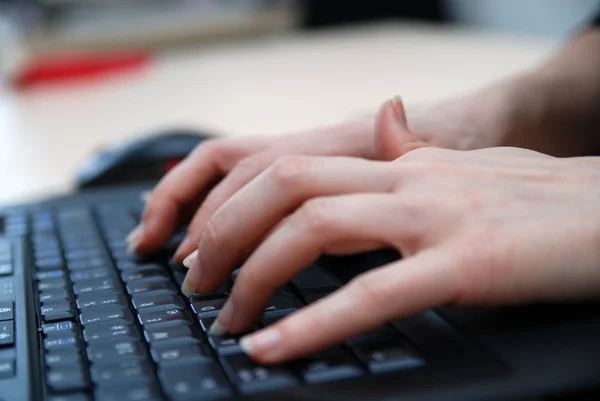 Woman hands typing on laptop keyboard — Stock Photo, Image