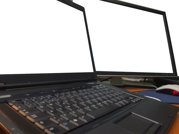 Dizüstü bilgisayar ve büyük geniş ekran portre — Stok fotoğraf