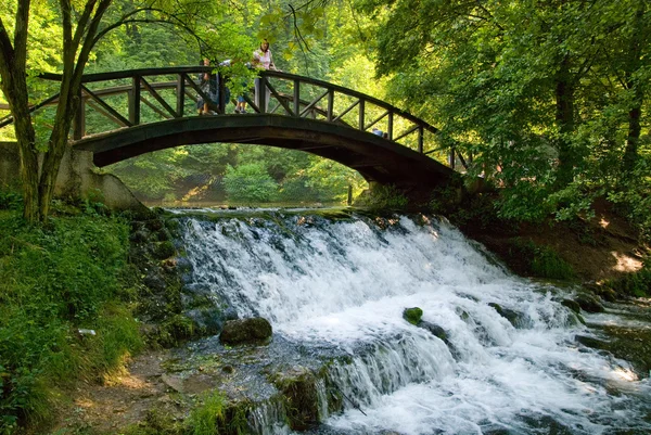 Holzbrücke über kleinen Wasserfall — Stockfoto