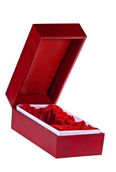 Pequena caixa vermelha aberta isolada em branco — Fotografia de Stock