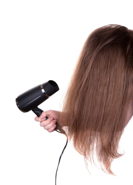 Stock image Woman hair and dryer on white