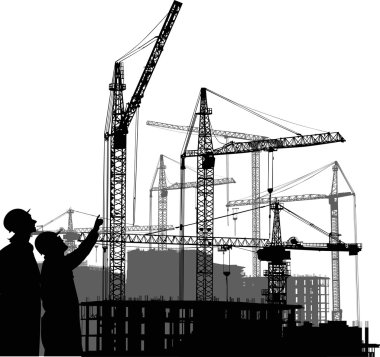 two wokers on building area clipart