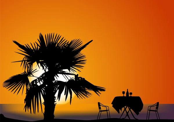 Palmeira e mesa de restaurante no pôr do sol do mar — Vetor de Stock