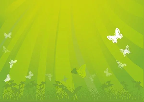 緑の花と蝶と背景 — ストックベクタ