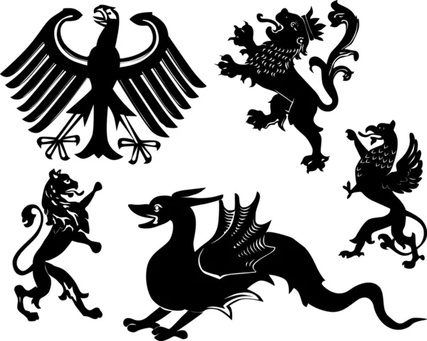 Pět heraldických zvířat na bílém pozadí — Stockový vektor