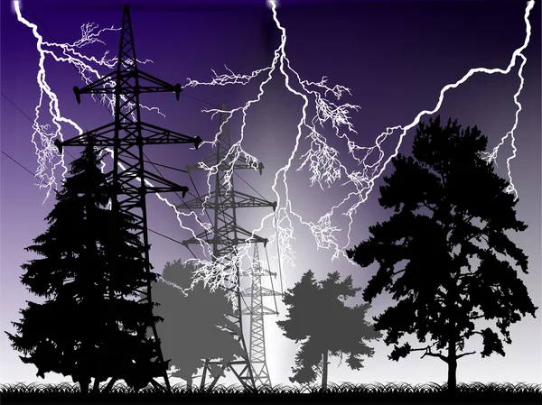 雷の夜に高電圧線 — ストックベクタ
