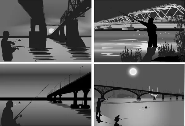 Cuatro ilustraciones grises con pescadores — Archivo Imágenes Vectoriales