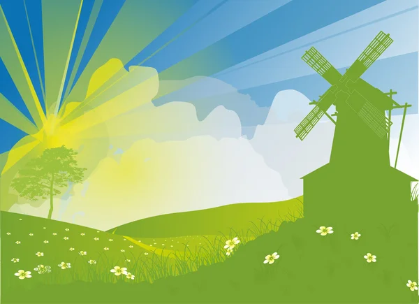 Windmill in green hills illustration — Stock Vector