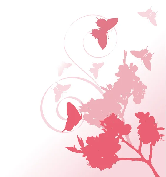 Pink cherry tree silhouette and butterflies — Stock Vector