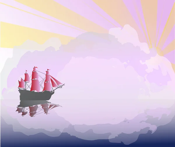 Nuvoloso rosa e riflesso della nave — Vettoriale Stock