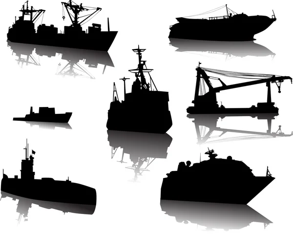 Семь современных кораблей с отражениями — стоковый вектор