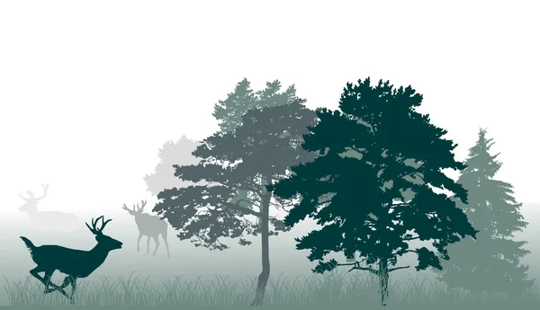 Zelené stromy a běžící jeleny na bílém pozadí — Stockový vektor