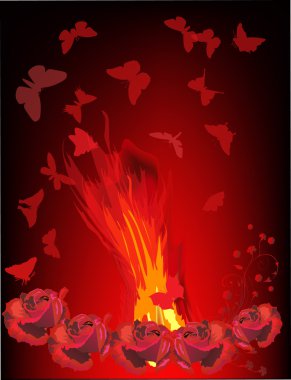 red rose flowers and butterflies near flame clipart