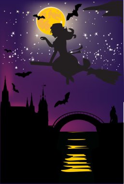 flying witch under full moon clipart