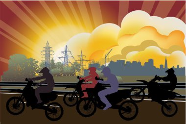 silhouettes of men on motorcycles at street clipart