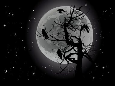 birds and dead tree under full moon clipart