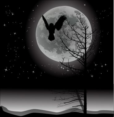 owl and dead tree at full moon clipart