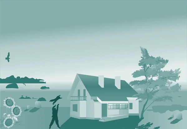 Ilustración azul con casa de campo en la costa del mar — Vector de stock
