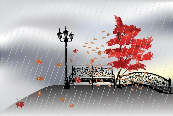 Лавка і осіннє дерево під дощем — стоковий вектор