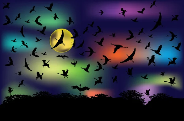 Ιπτάμενα πτηνά και τα δέντρα σιλουέτες — Διανυσματικό Αρχείο