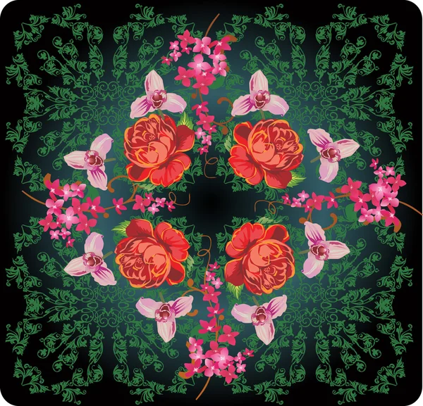 Decoração floral quadrada com rosas e orquídeas — Vetor de Stock