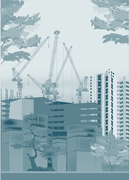 Blue illustration with buildings and cranes — Stock Vector