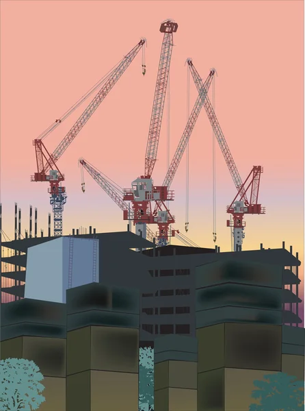 Scène industrielle avec bâtiment et grues — Image vectorielle