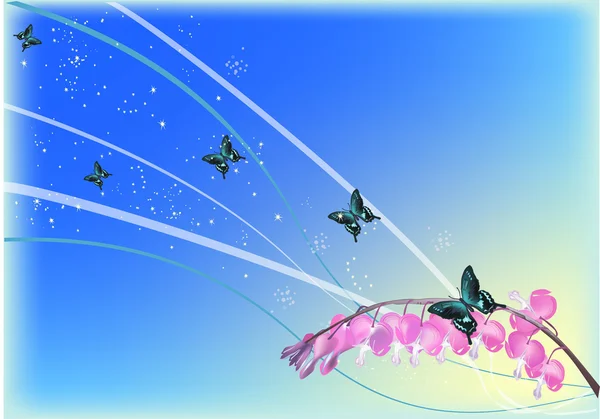Blauwe vlinders en roze bloemen — Stockvector