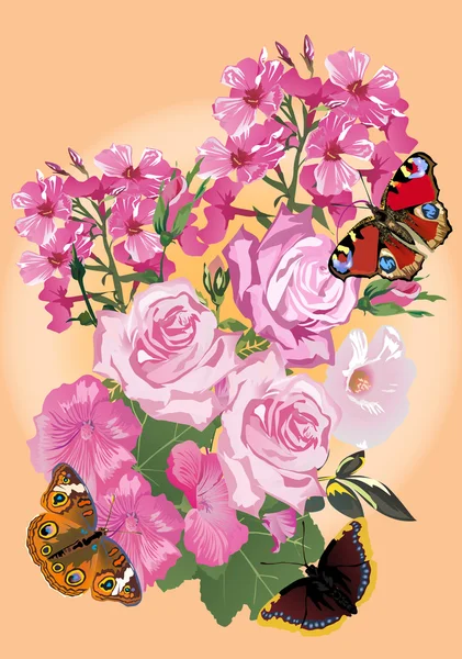 Rosa rosa buquê e borboletas — Vetor de Stock